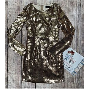 Pretty Little Thing Tall Gold Sequin Long Sleeve Bodycon Dress Size 4